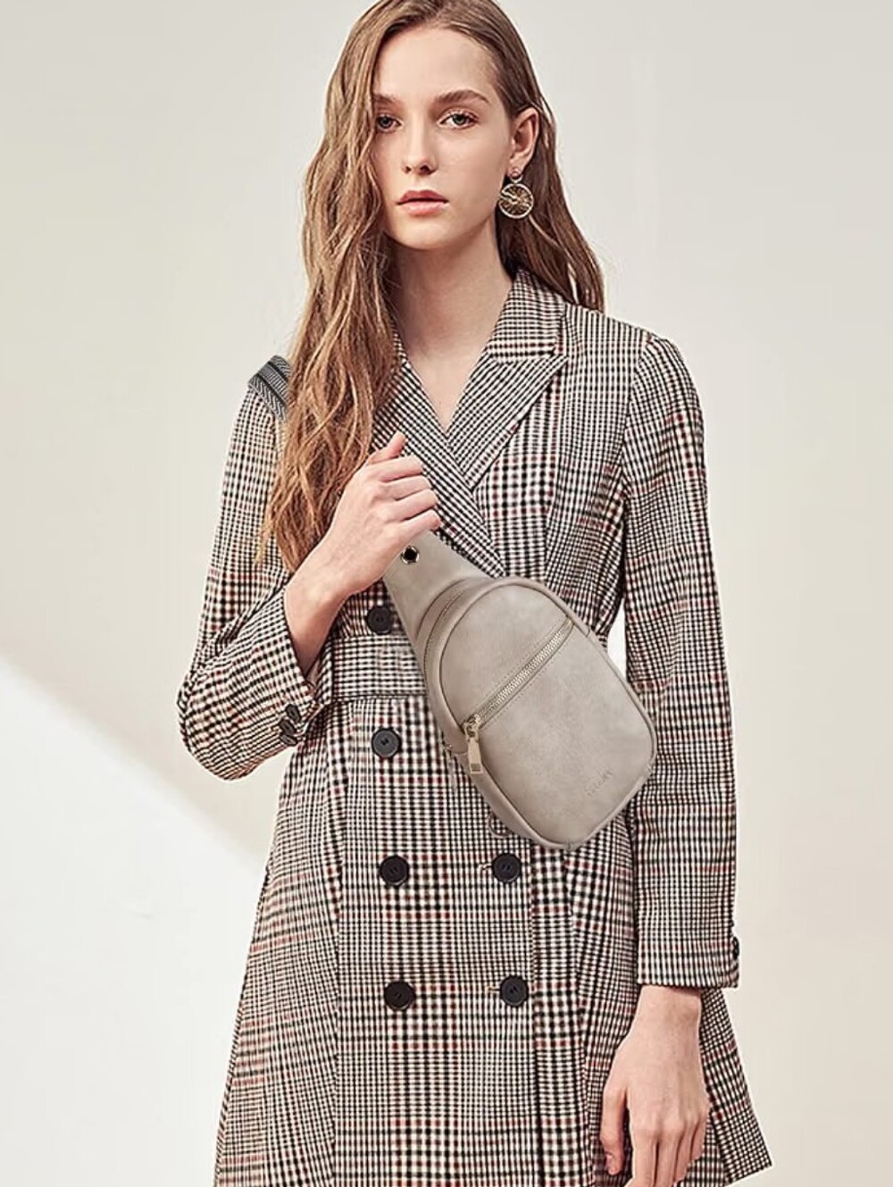 Reversible Grey Tan Crossbody Sling Bag with Vintage Inspired Patterned Strap
